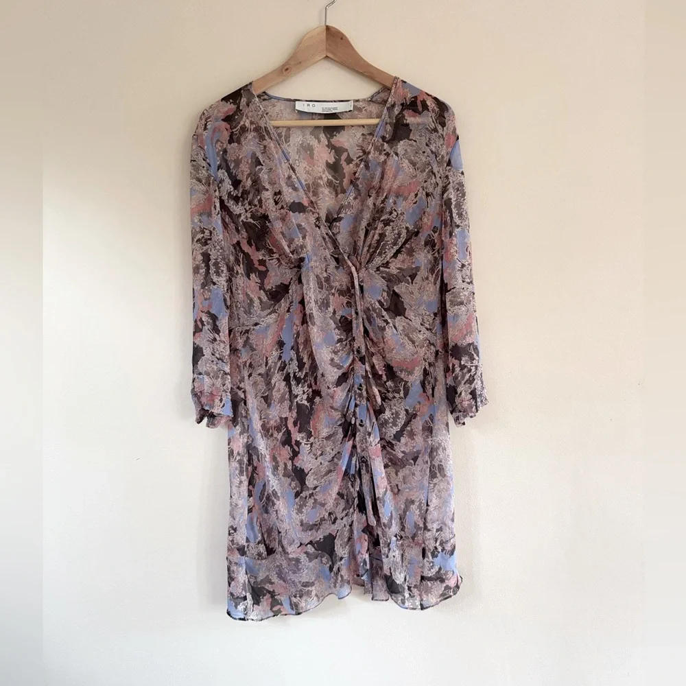 IRO Paris‎ Silk Chiffon Sheer Abstract Print Ruched Button Dress Size 44